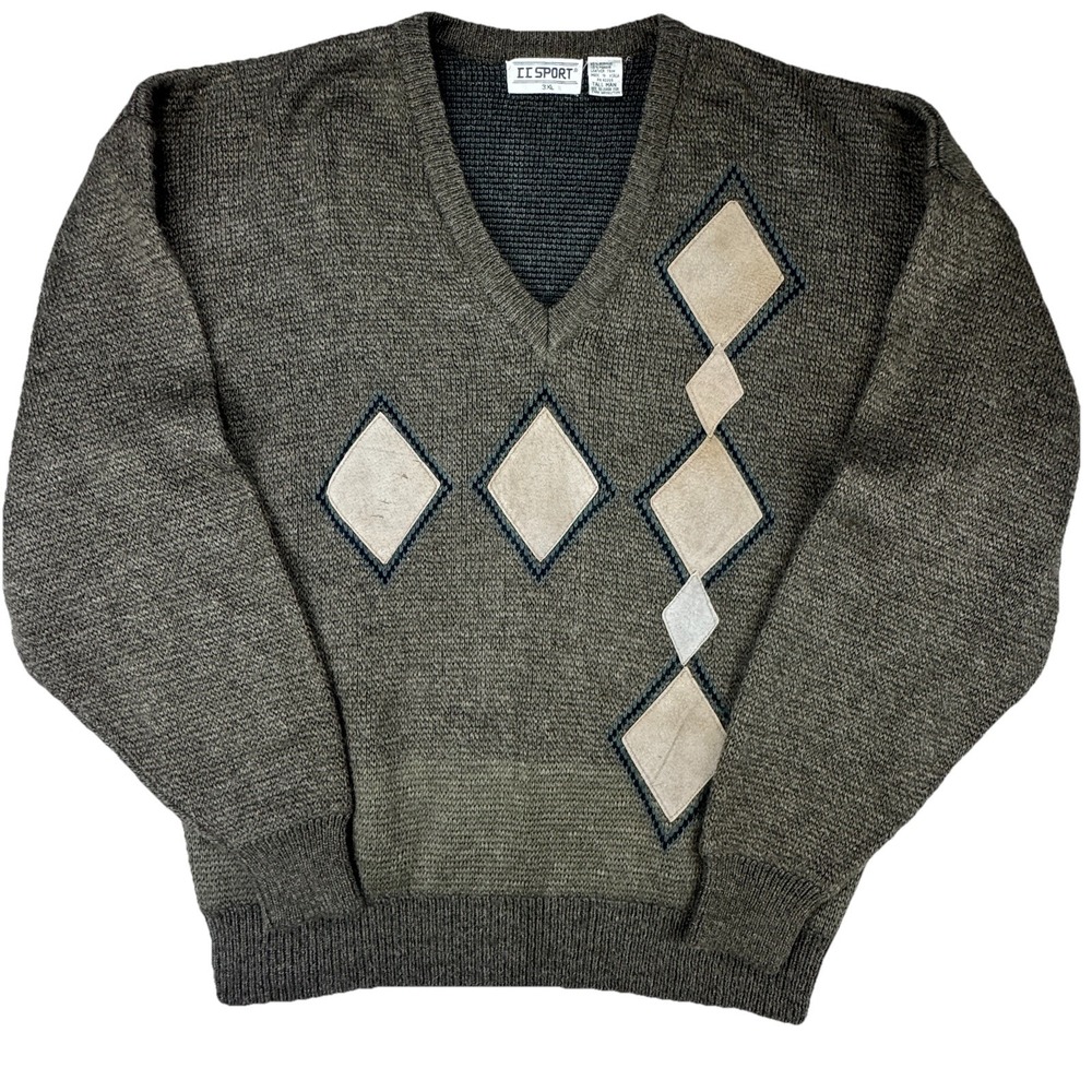 VTG CC Sport 3XLT Brown Argyle V-Neck Sweater Suede Diamond 80s 90s Grandpa Core